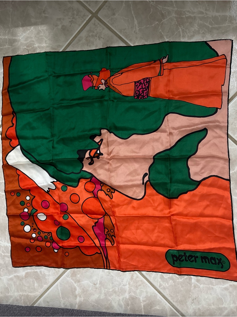 Peter Max Orange & Green Graphic Silk Scarf